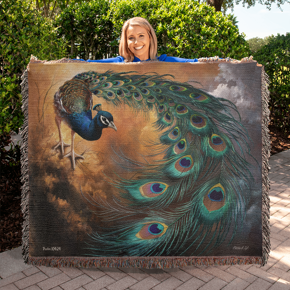 Peacock Heirloom Woven Blanket - Tapestry Decorative art print - a vibrant and elegant statement Peacock art piece