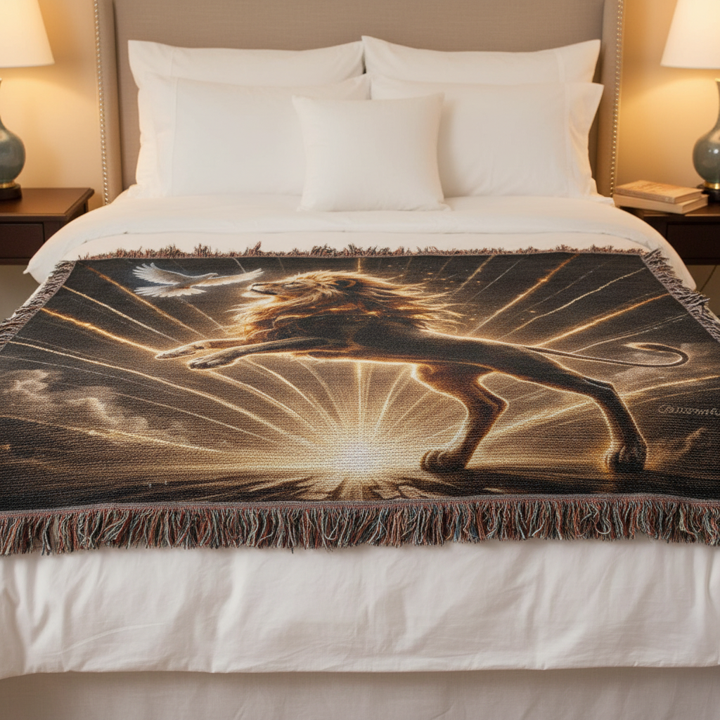 Lion of Judah and Holy Spirit with Golden Rays Heirloom Woven Blanket