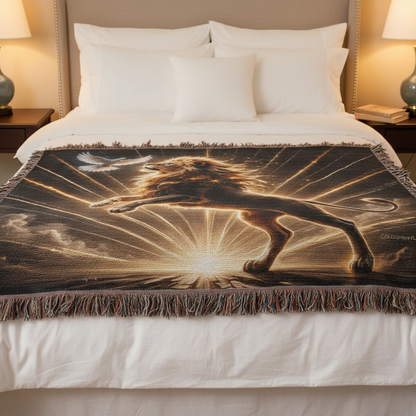 Lion of Judah and Holy Spirit with Golden Rays Heirloom Woven Blanket