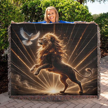 Lion of Judah and Holy Spirit with Golden Rays Heirloom Woven Blanket