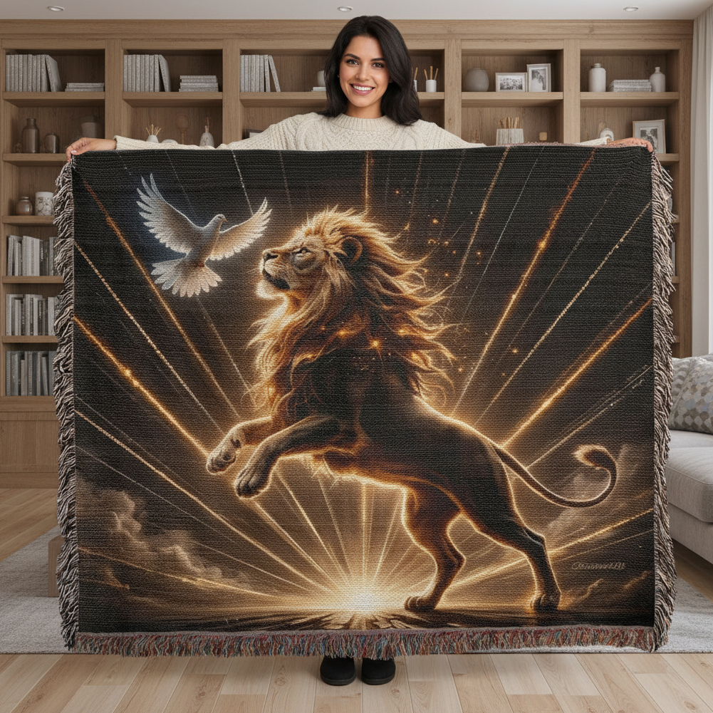 Lion of Judah and Holy Spirit with Golden Rays Heirloom Woven Blanket