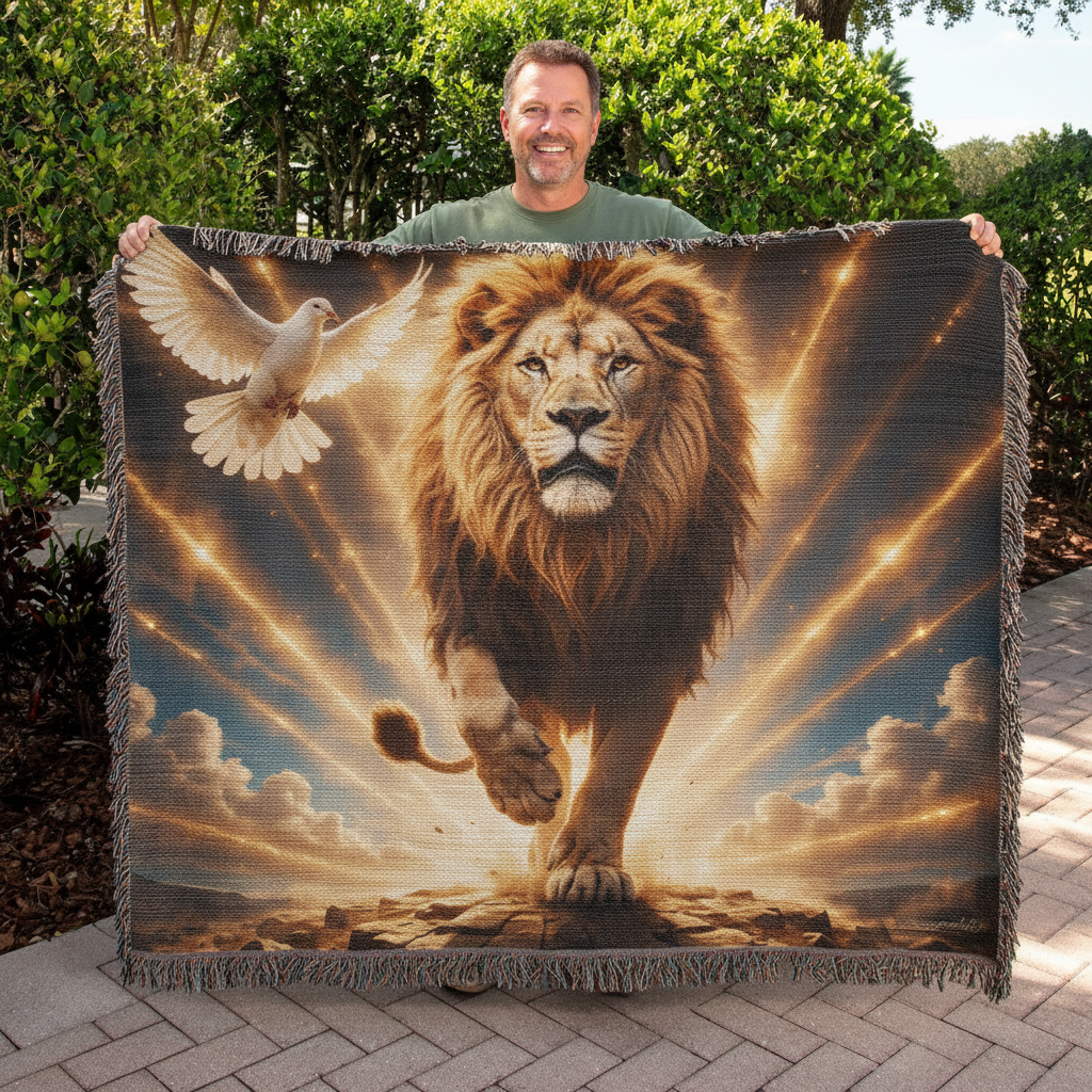 Lion of Judah, Holy Spirit, Clouds and Golden Rays- Heirloom Woven Blanket