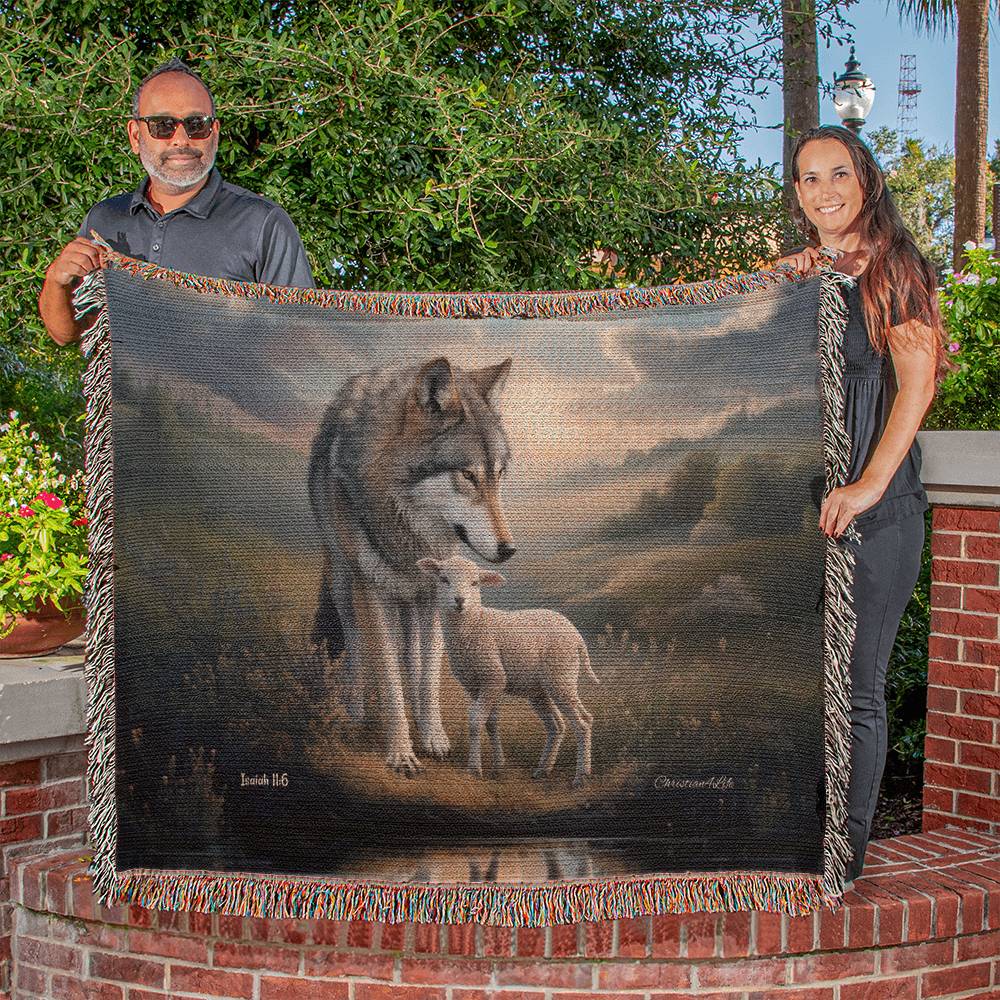 Wolf and Lamb Christian Heirloom Woven Blanket Tapestry - Isaiah 11:6