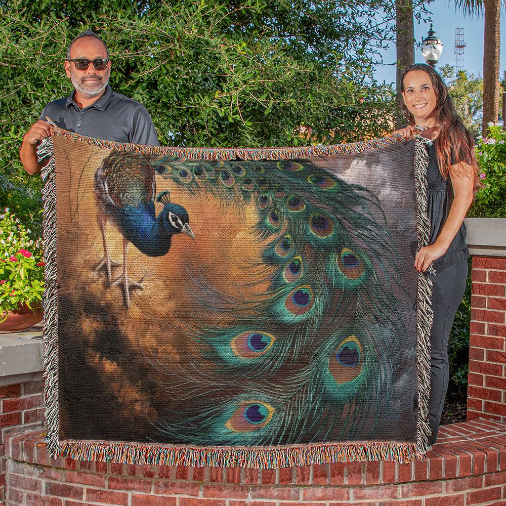 Peacock Heirloom Woven Blanket - Tapestry Decorative art print - a vibrant and elegant statement Peacock art piece