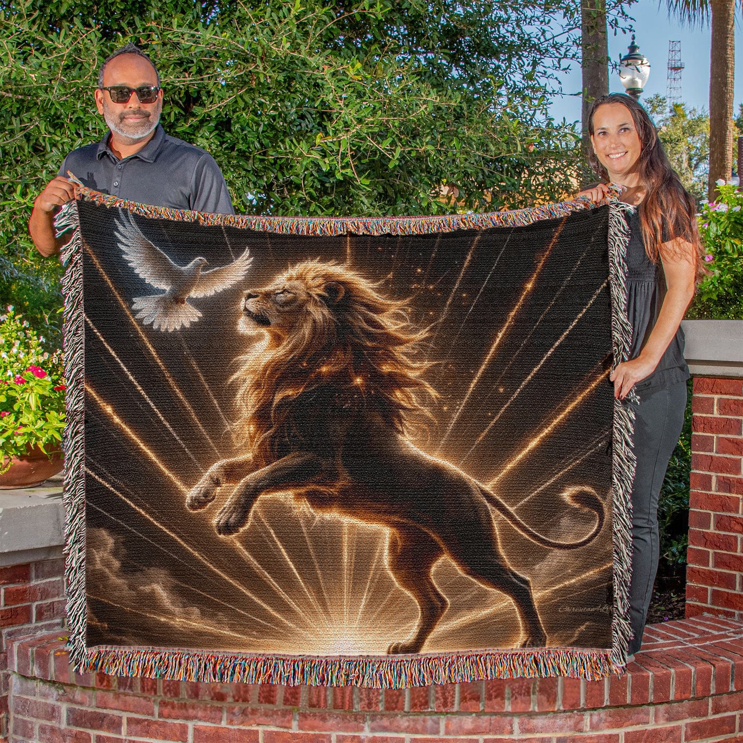 Lion of Judah and Holy Spirit with Golden Rays Heirloom Woven Blanket