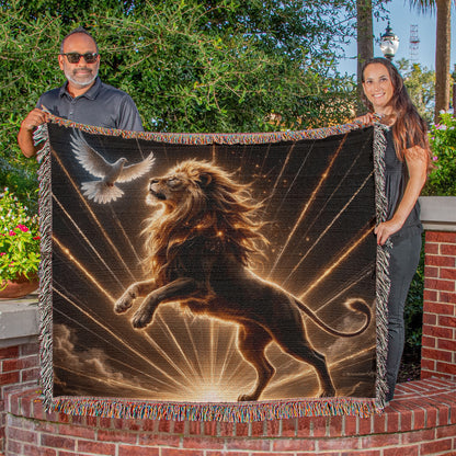 Lion of Judah and Holy Spirit with Golden Rays Heirloom Woven Blanket