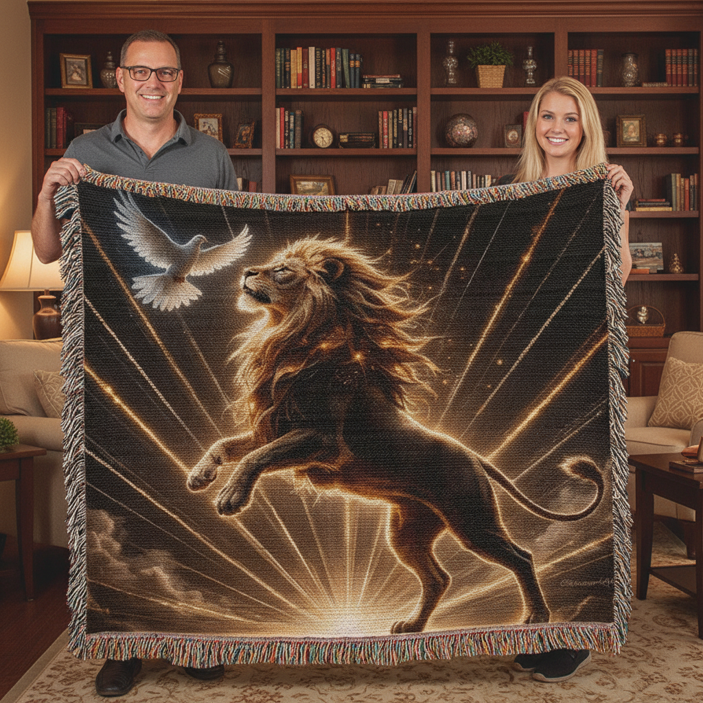 Lion of Judah and Holy Spirit with Golden Rays Heirloom Woven Blanket
