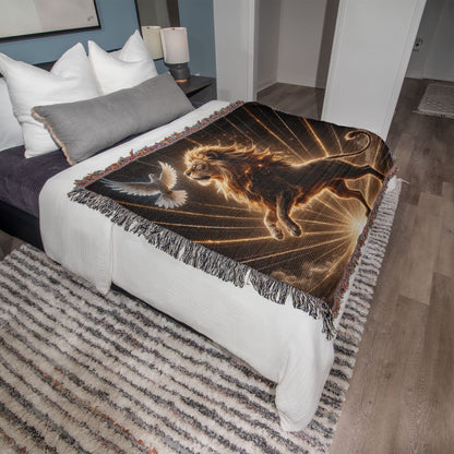 Lion of Judah and Holy Spirit with Golden Rays Heirloom Woven Blanket