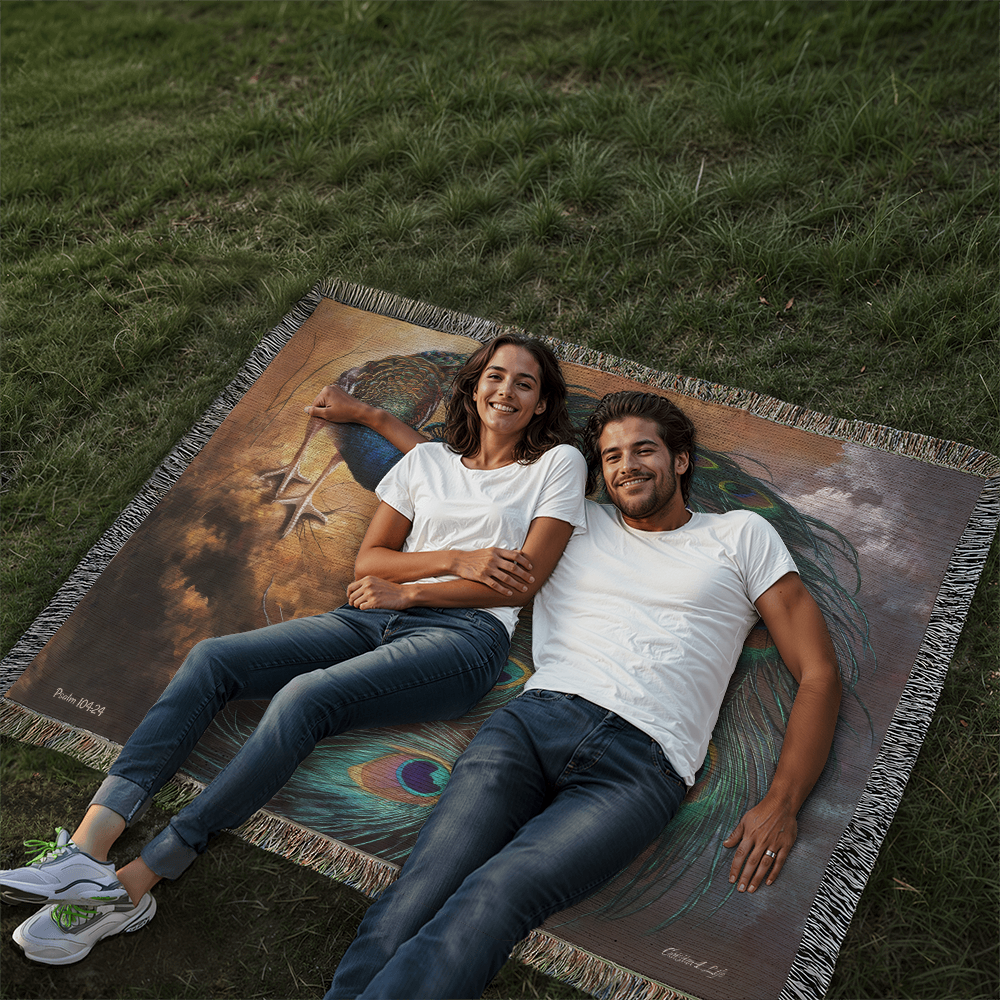 Peacock Heirloom Woven Blanket - Tapestry Decorative art print - a vibrant and elegant statement Peacock art piece