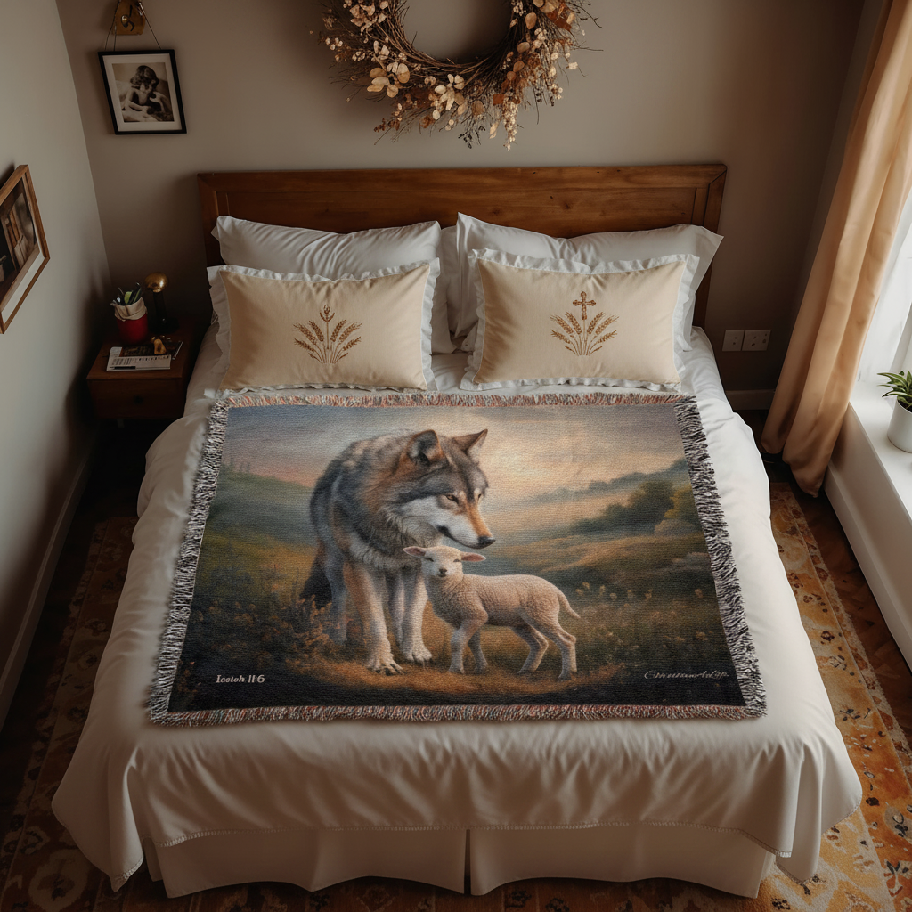 Wolf and Lamb Peaceful Christian Heirloom Woven Blanket Tapestry - Isaiah 11:6
