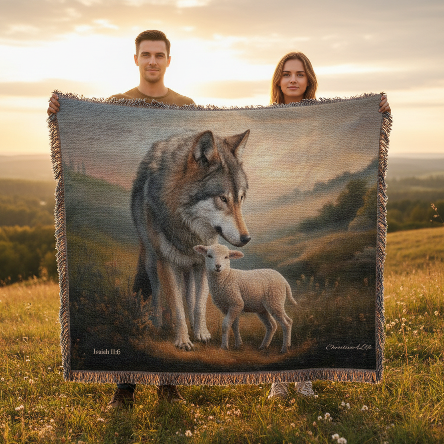 Wolf and Lamb Peaceful Christian Heirloom Woven Blanket Tapestry - Isaiah 11:6