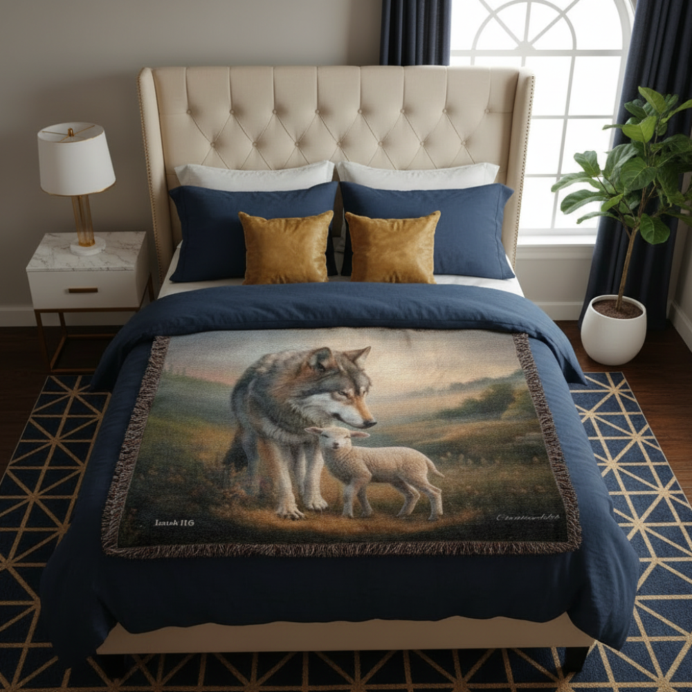 Wolf and Lamb Peaceful Christian Heirloom Woven Blanket Tapestry - Isaiah 11:6