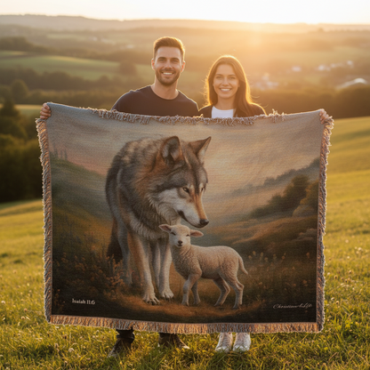 Wolf and Lamb Peaceful Christian Heirloom Woven Blanket Tapestry - Isaiah 11:6