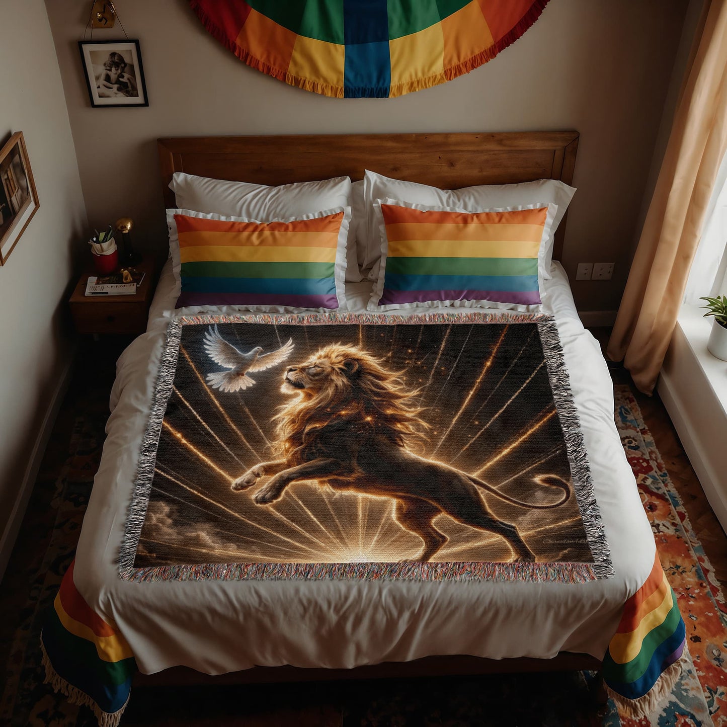 Lion of Judah and Holy Spirit with Golden Rays Heirloom Woven Blanket