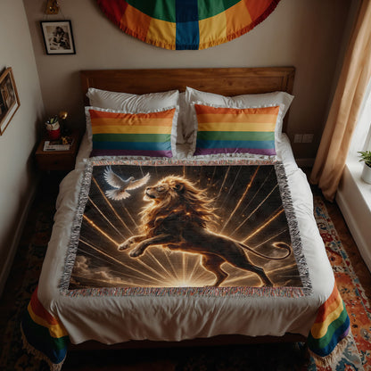 Lion of Judah and Holy Spirit with Golden Rays Heirloom Woven Blanket