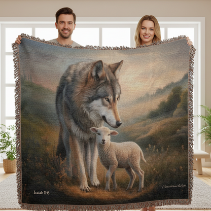 Wolf and Lamb Peaceful Christian Heirloom Woven Blanket Tapestry - Isaiah 11:6