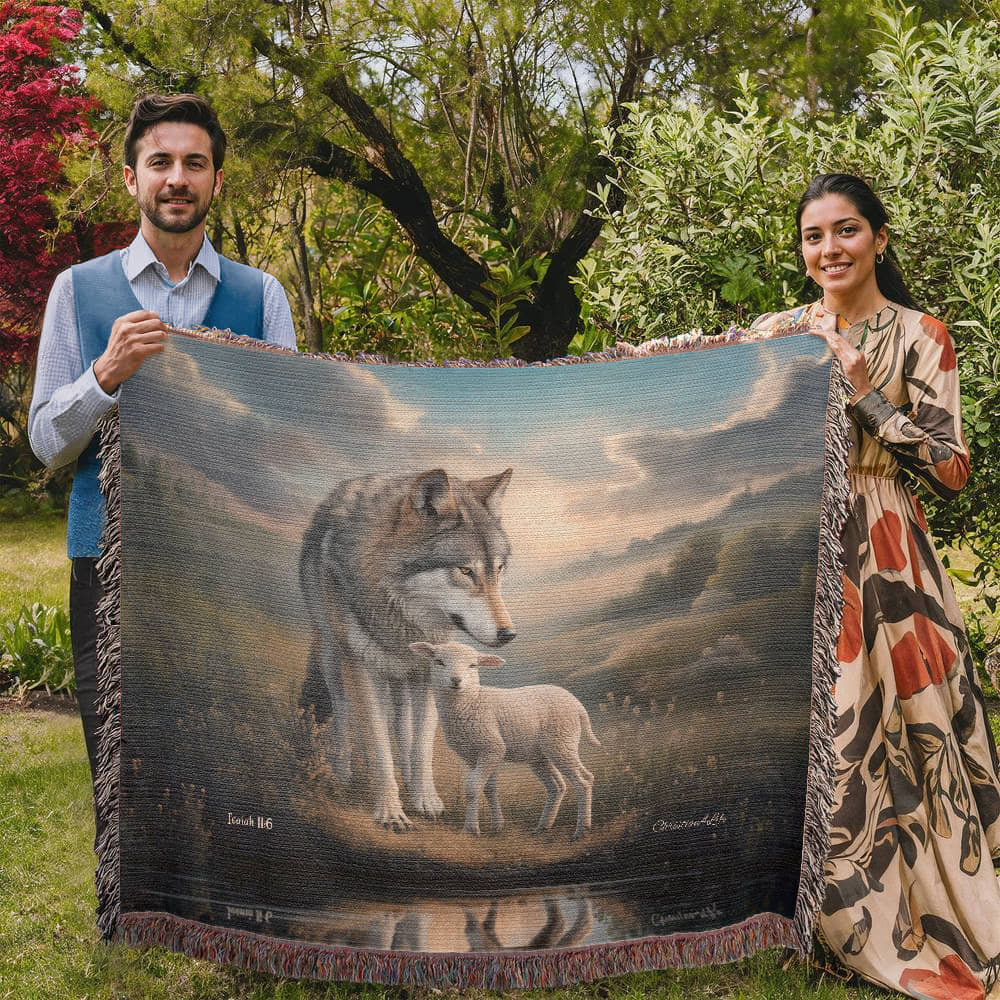Wolf and Lamb Christian Heirloom Woven Blanket Tapestry - Isaiah 11:6