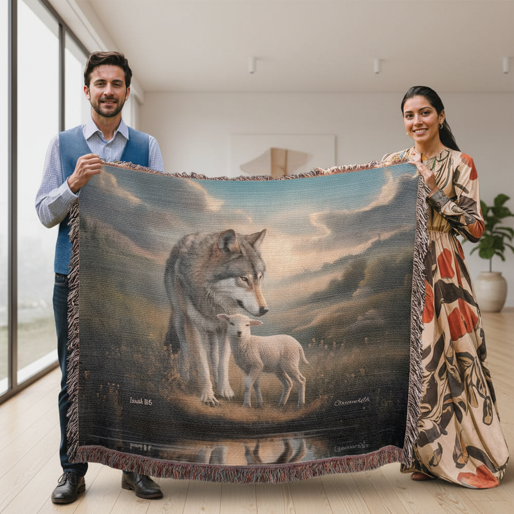 Two people holding a large blanket with a wolf and lamb design in a room.