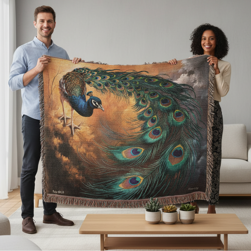 Peacock Heirloom Woven Blanket - Tapestry Decorative art print - a vibrant and elegant statement Peacock art piece
