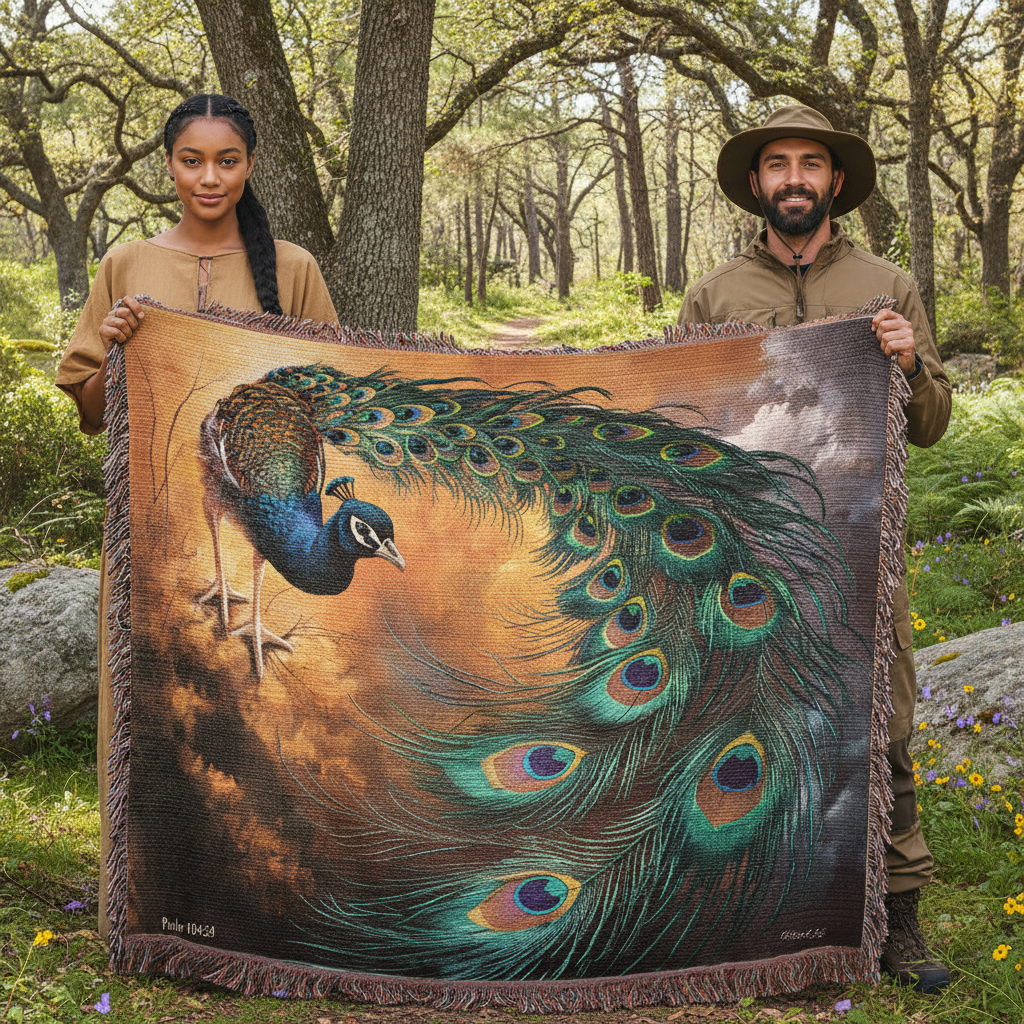 Peacock Heirloom Woven Blanket - Tapestry Decorative art print - a vibrant and elegant statement Peacock art piece