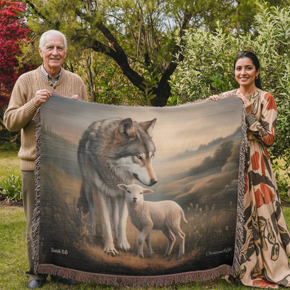 Wolf and Lamb Peaceful Christian Heirloom Woven Blanket Tapestry - Isaiah 11:6