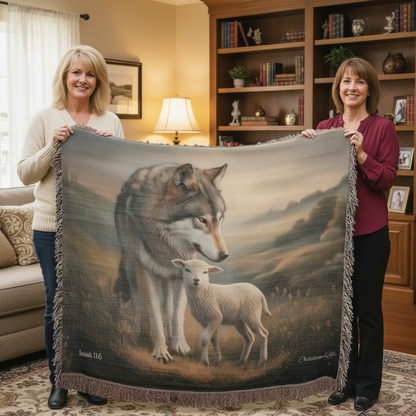 Wolf and Lamb Peaceful Christian Heirloom Woven Blanket Tapestry - Isaiah 11:6