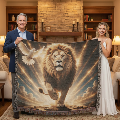Lion of Judah, Holy Spirit, Clouds and Golden Rays- Heirloom Woven Blanket