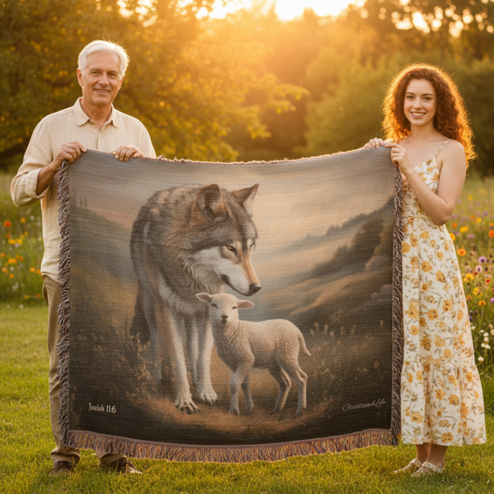 Wolf and Lamb Peaceful Christian Heirloom Woven Blanket Tapestry - Isaiah 11:6