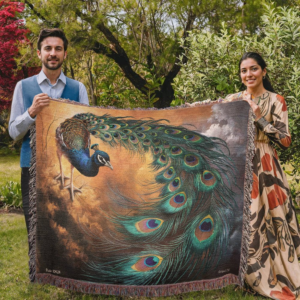 Peacock Heirloom Woven Blanket - Tapestry Decorative art print - a vibrant and elegant statement Peacock art piece