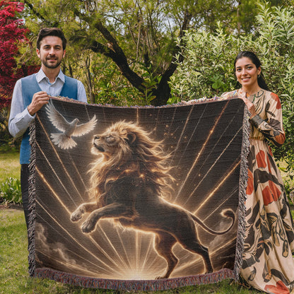 Lion of Judah and Holy Spirit with Golden Rays Heirloom Woven Blanket