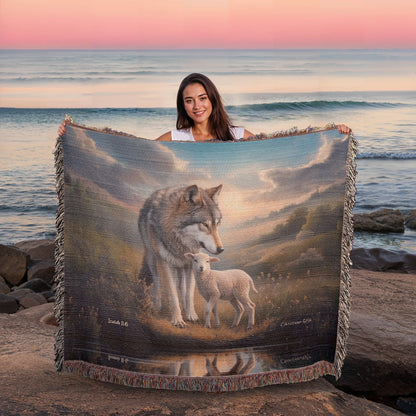 Wolf and Lamb Christian Heirloom Woven Blanket Tapestry - Isaiah 11:6
