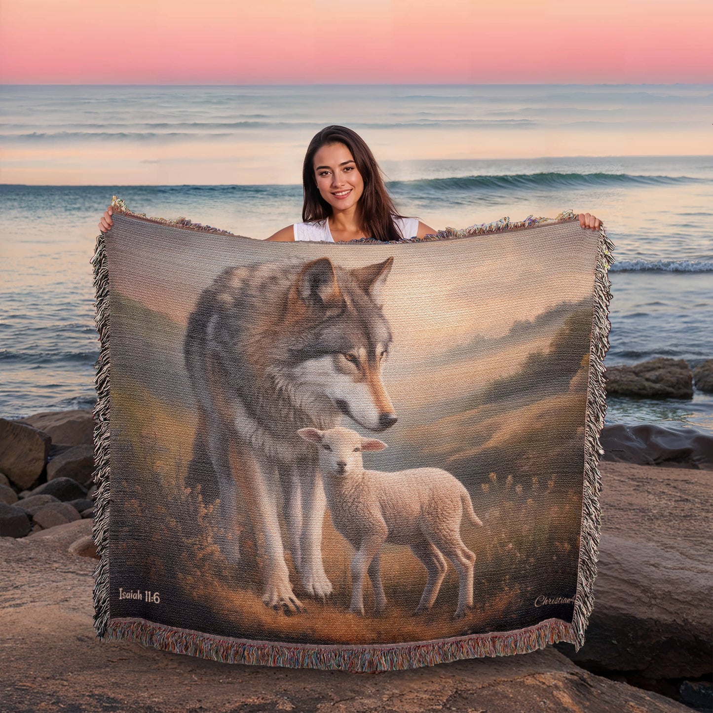 Wolf and Lamb Peaceful Christian Heirloom Woven Blanket Tapestry - Isaiah 11:6