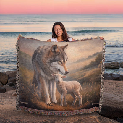 Wolf and Lamb Peaceful Christian Heirloom Woven Blanket Tapestry - Isaiah 11:6