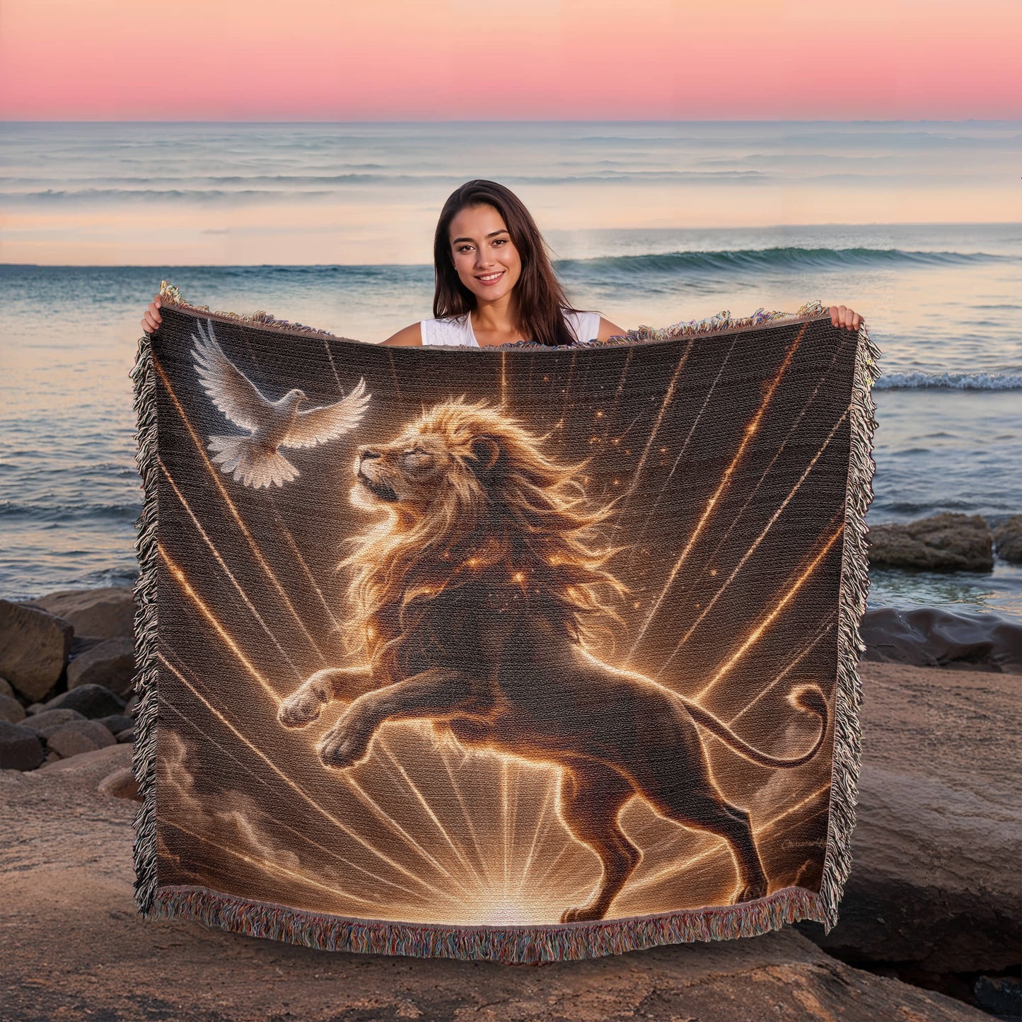 Lion of Judah and Holy Spirit with Golden Rays Heirloom Woven Blanket
