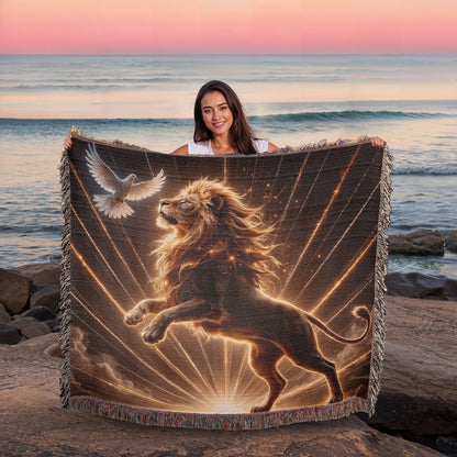Lion of Judah and Holy Spirit with Golden Rays Heirloom Woven Blanket