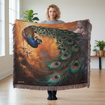 Peacock Heirloom Woven Blanket - Tapestry Decorative art print - a vibrant and elegant statement Peacock art piece