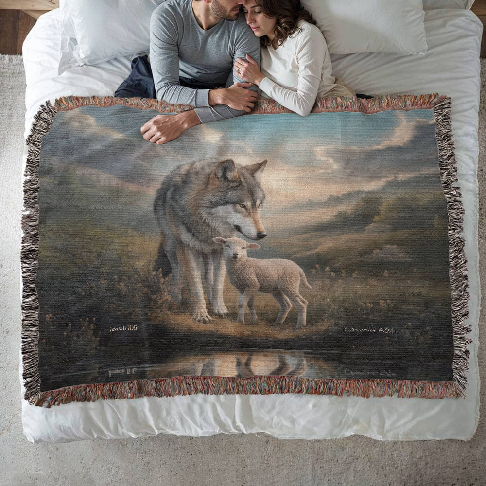 Wolf and Lamb Christian Heirloom Woven Blanket Tapestry - Isaiah 11:6