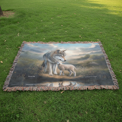 Wolf and Lamb Christian Heirloom Woven Blanket Tapestry - Isaiah 11:6