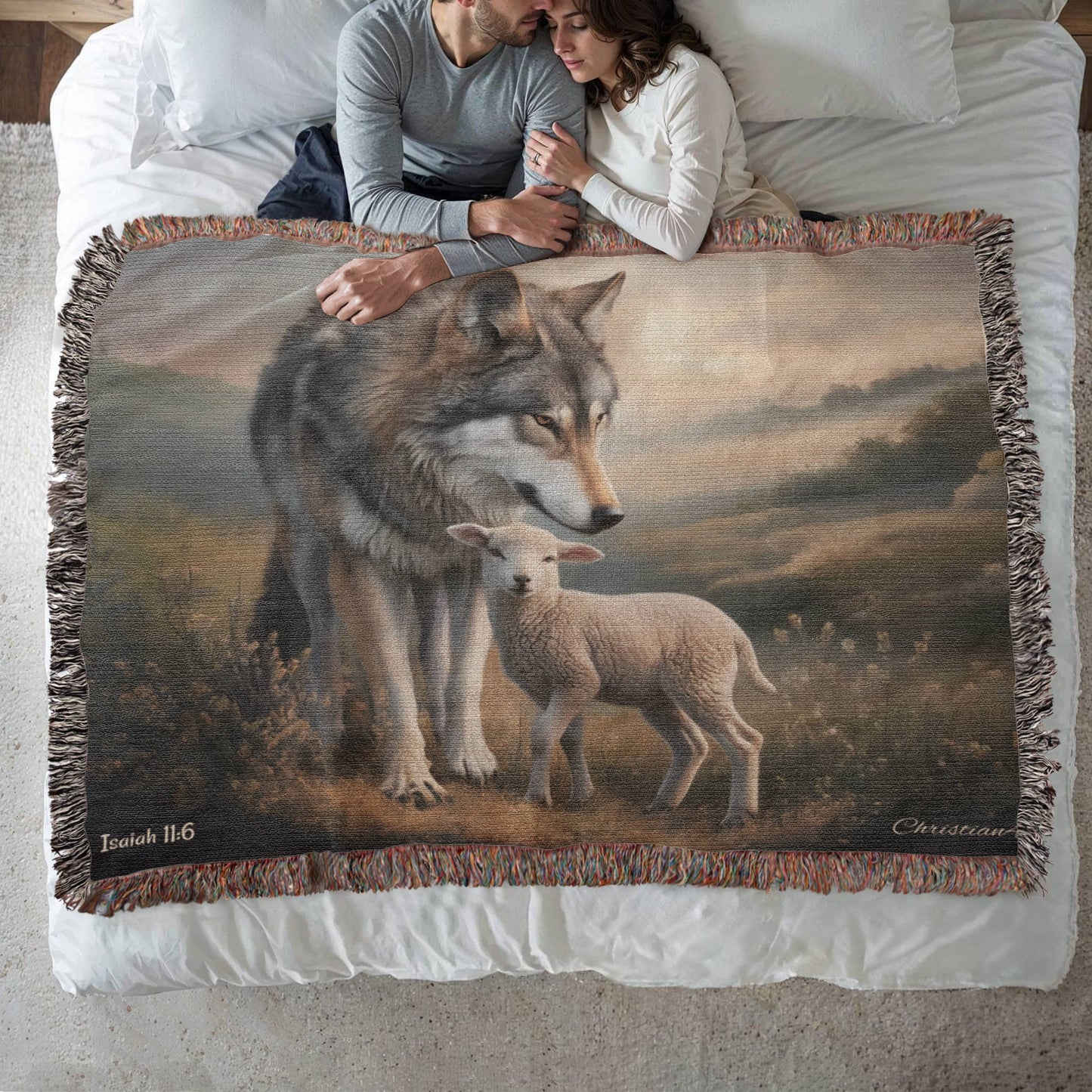 Wolf and Lamb Peaceful Christian Heirloom Woven Blanket Tapestry - Isaiah 11:6