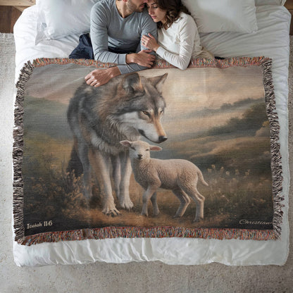 Wolf and Lamb Peaceful Christian Heirloom Woven Blanket Tapestry - Isaiah 11:6