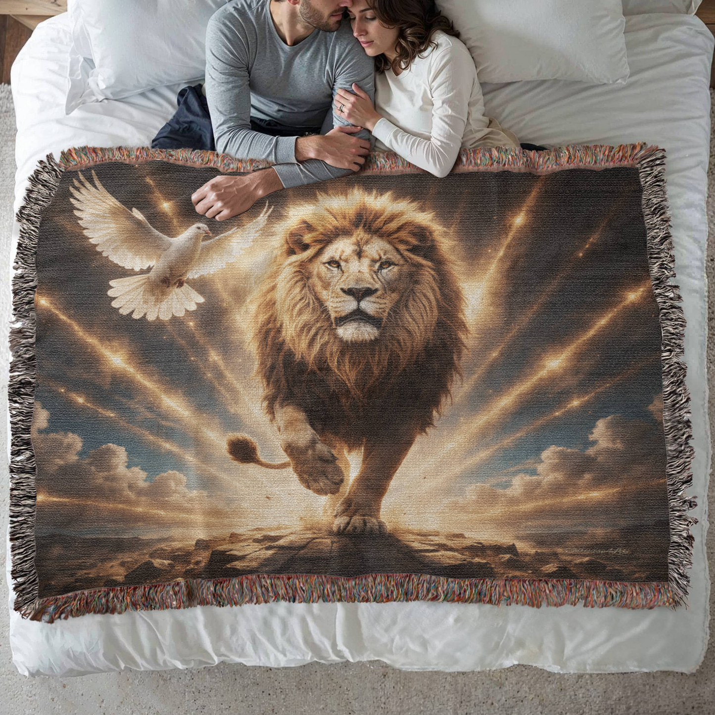 Lion of Judah, Holy Spirit, Clouds and Golden Rays- Heirloom Woven Blanket
