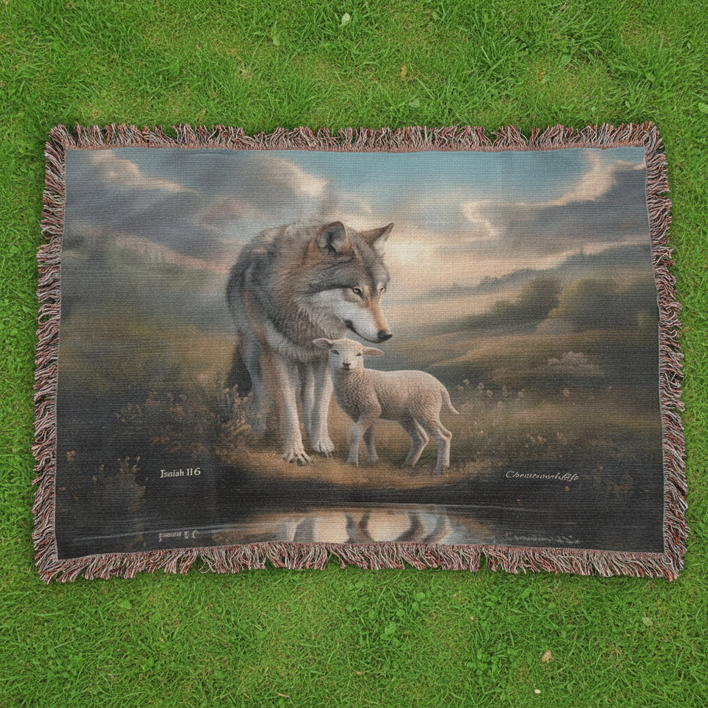 Blanket with a wolf and lamb design on a grassy background