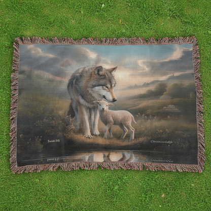 Blanket with a wolf and lamb design on a grassy background