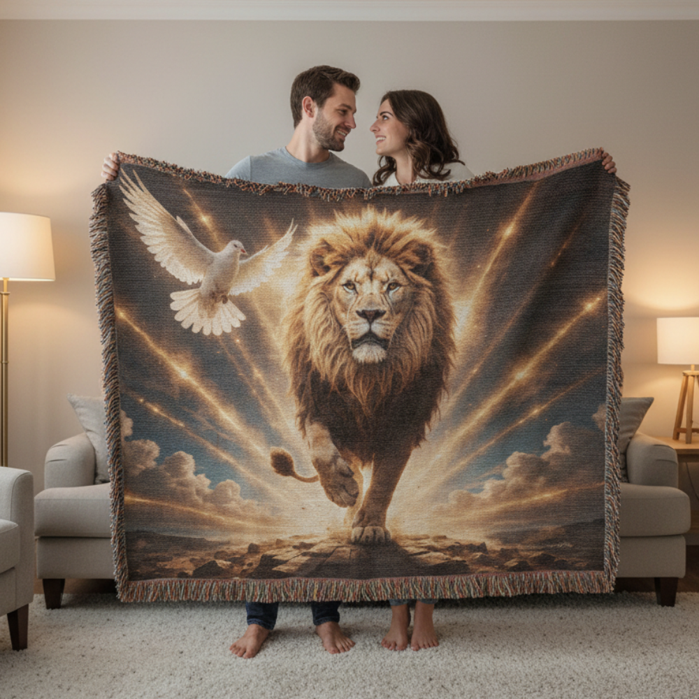 Lion of Judah, Holy Spirit, Clouds and Golden Rays- Heirloom Woven Blanket