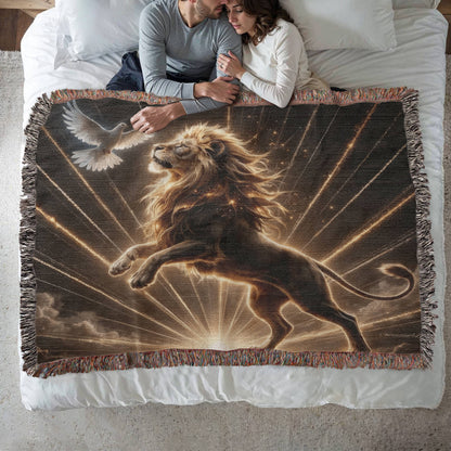 Lion of Judah and Holy Spirit with Golden Rays Heirloom Woven Blanket