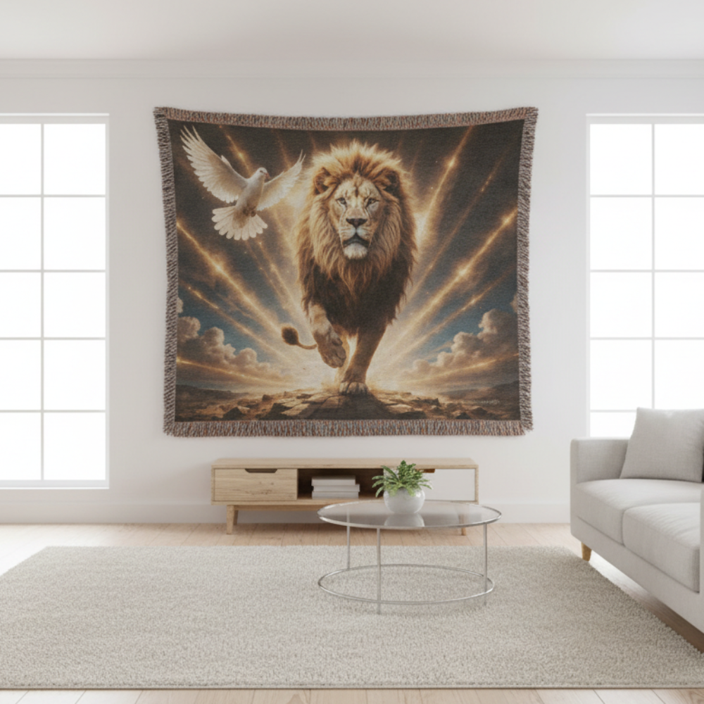 Lion of Judah, Holy Spirit, Clouds and Golden Rays- Heirloom Woven Blanket
