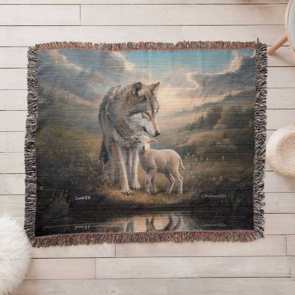 Wolf and Lamb Christian Heirloom Woven Blanket Tapestry - Isaiah 11:6
