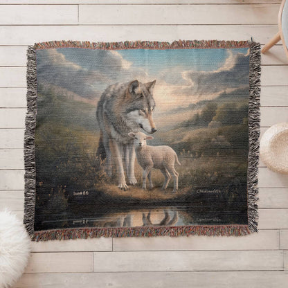 Wolf and Lamb Christian Heirloom Woven Blanket Tapestry - Isaiah 11:6