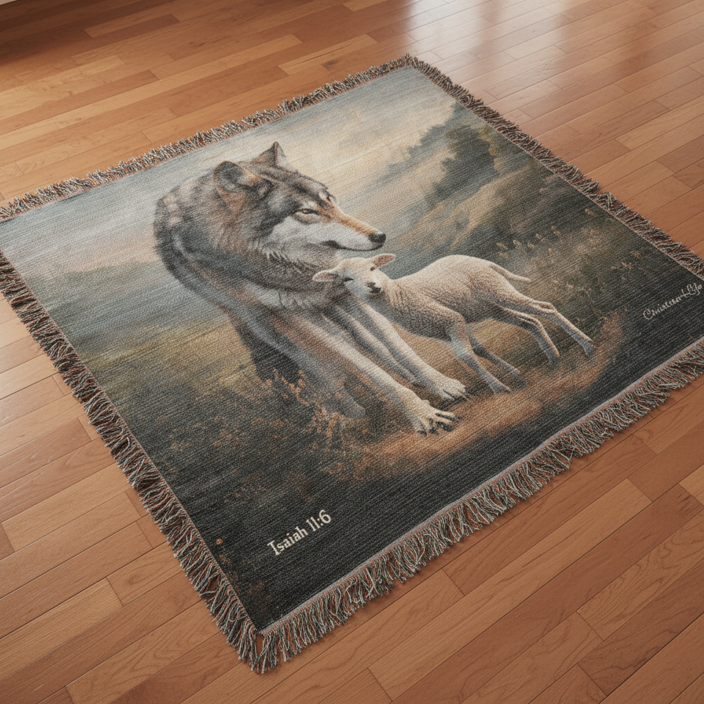 Wolf and Lamb Peaceful Christian Heirloom Woven Blanket Tapestry - Isaiah 11:6