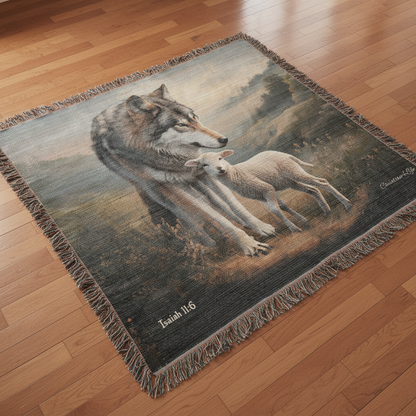 Wolf and Lamb Peaceful Christian Heirloom Woven Blanket Tapestry - Isaiah 11:6